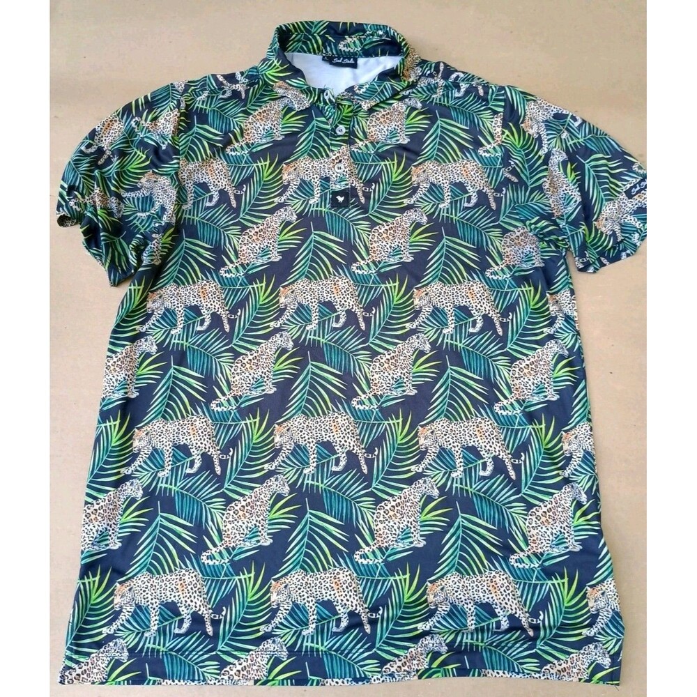 Bad Birdie Men Large Golf Polo Shirt Cheetah Leopard Tropical Graphics All Over